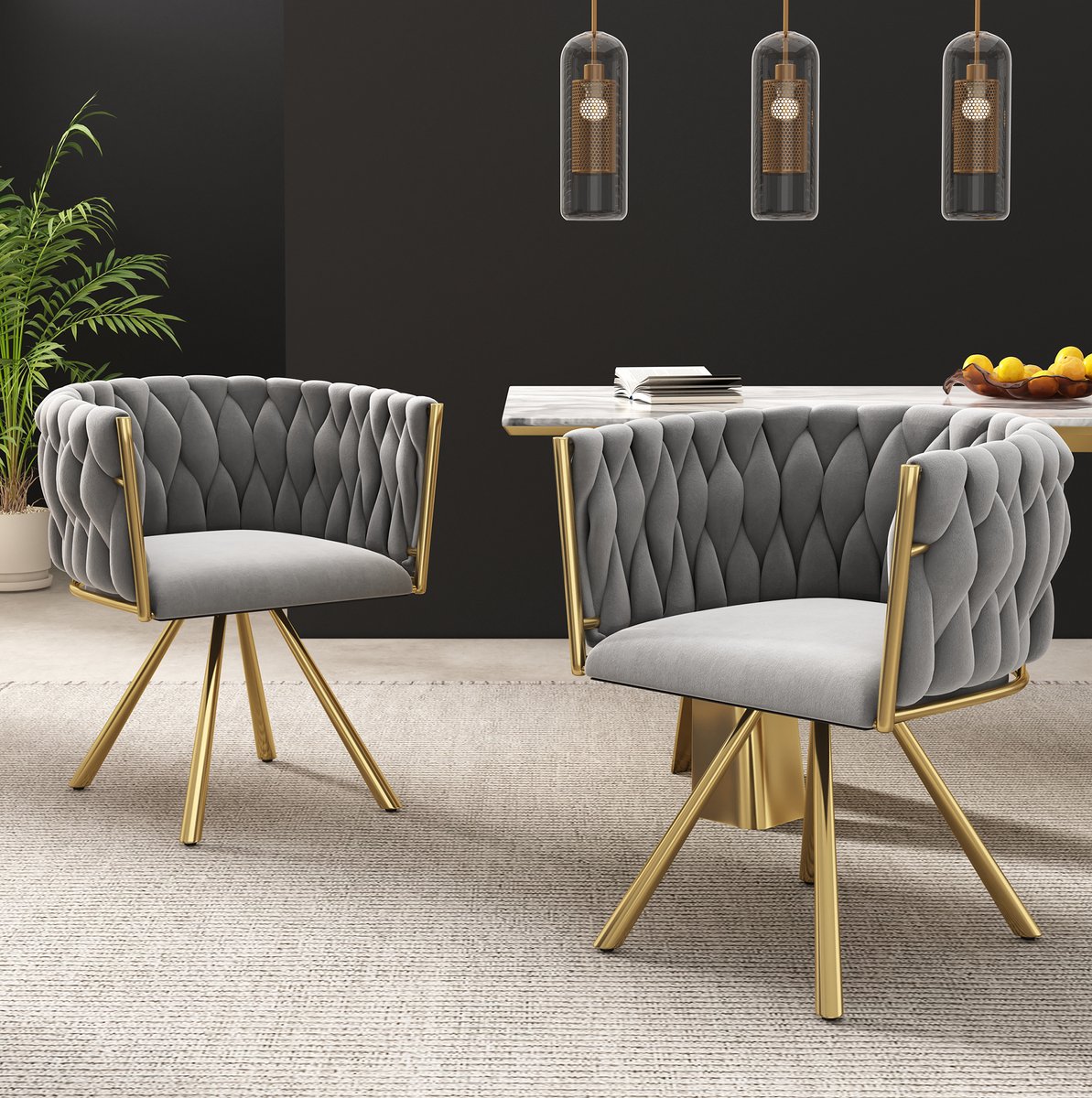 Wishdor Eetkamerstoel set van 2 kuipstoel - 360° draaibaar met armleuningen - Modern design - Woonkamer eetkamer - Velvet - Grijs goud - 72 x 59 x 54 cm
