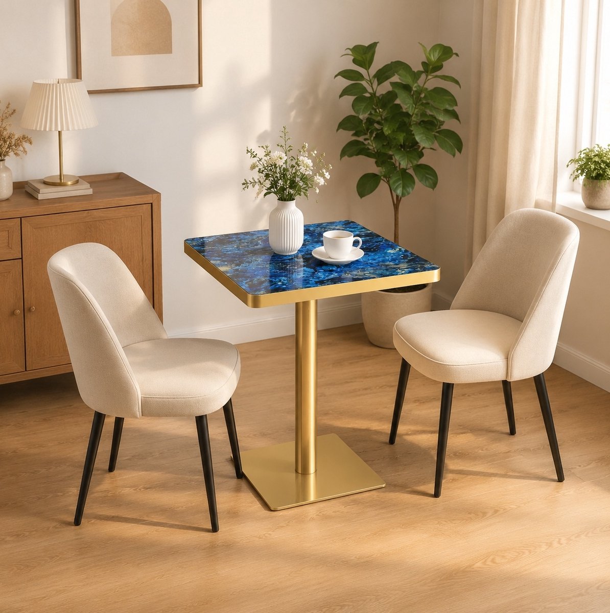 REDOM - Eettafel - Vierkant blad met marmerlook - Metalen tafelvoet - Modern - Eetkamer en café - MDF en metaal - Blauw en goud - 60 x 60 x 74 cm