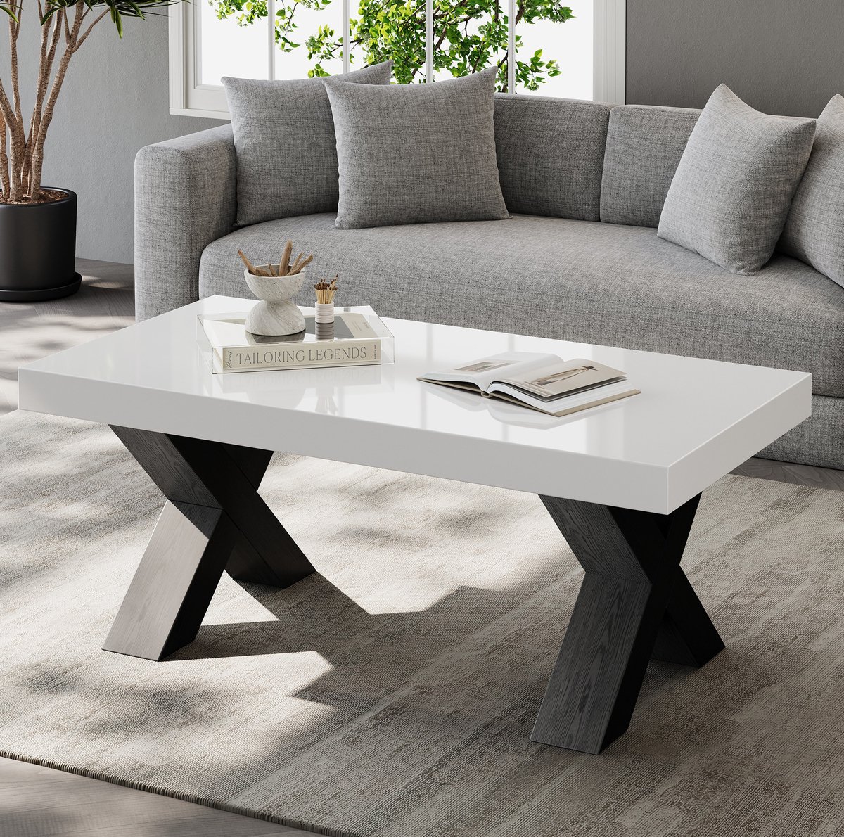 MODFU - Salontafel - Rechthoek - Modern - Woonkamer - MDF - Wit Zwart - 100 X 50 X 40 Cm