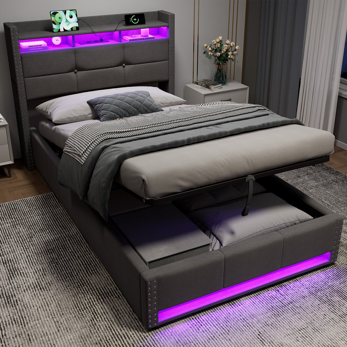 MIVRAY Eenpersoonsbed 90 x 200 cm - LED-Verlichting En Oplaadfunctie - Linnen - Donkergrijs - Met Opberghoofdbord Voor Slaapkamer