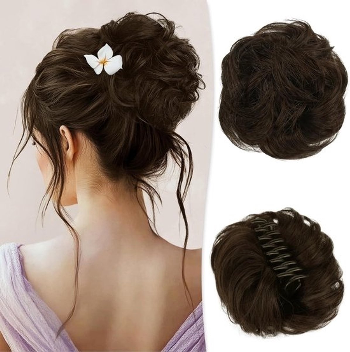 Klitje met natuurlijke bruine krullen - Haarstuk voor een casual updo