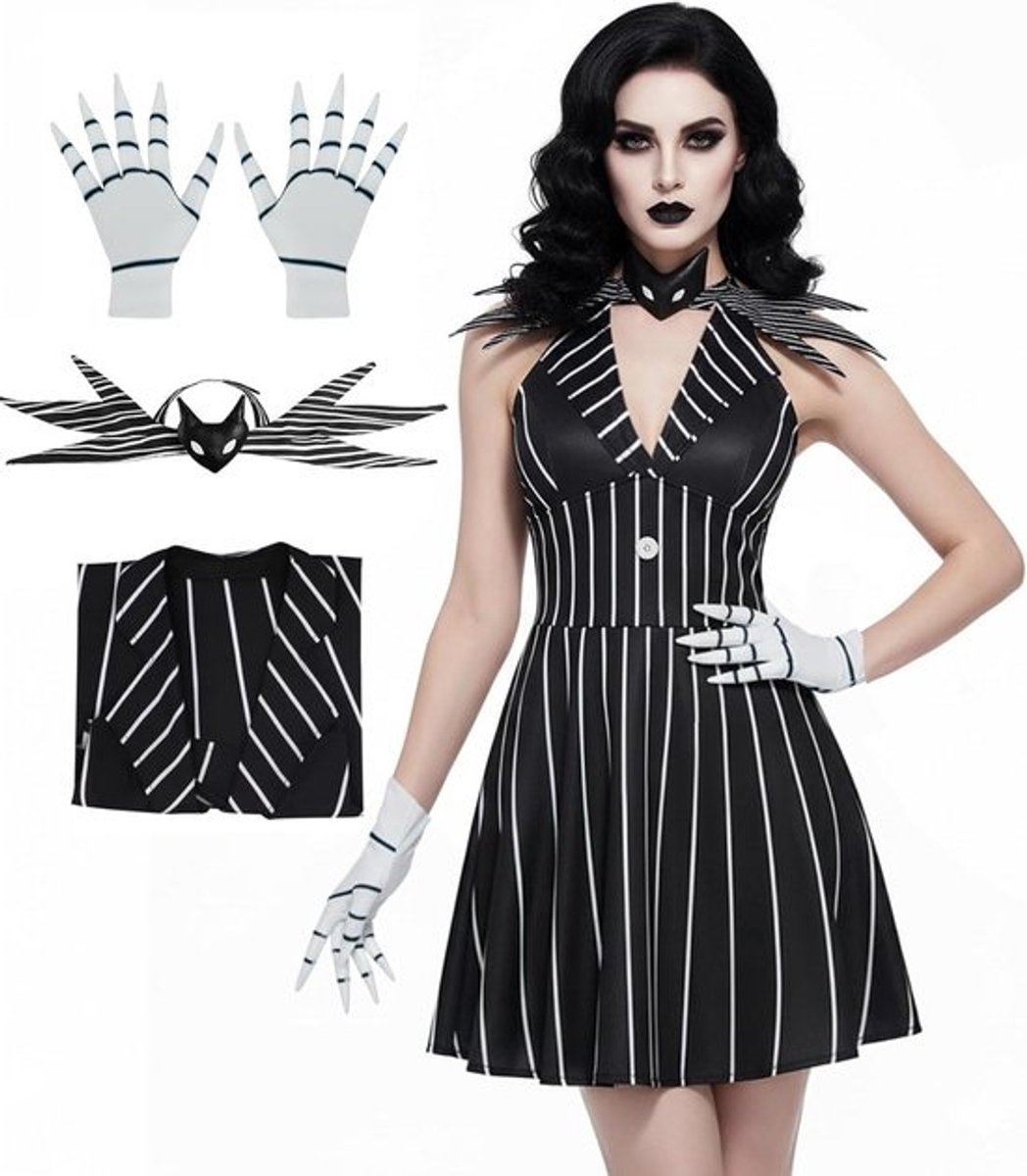 Kerst Night Jack Cosplay Kostuum Vrouwen Gothic Zwarte Jurk met Strik en V-hals voor Halloween
