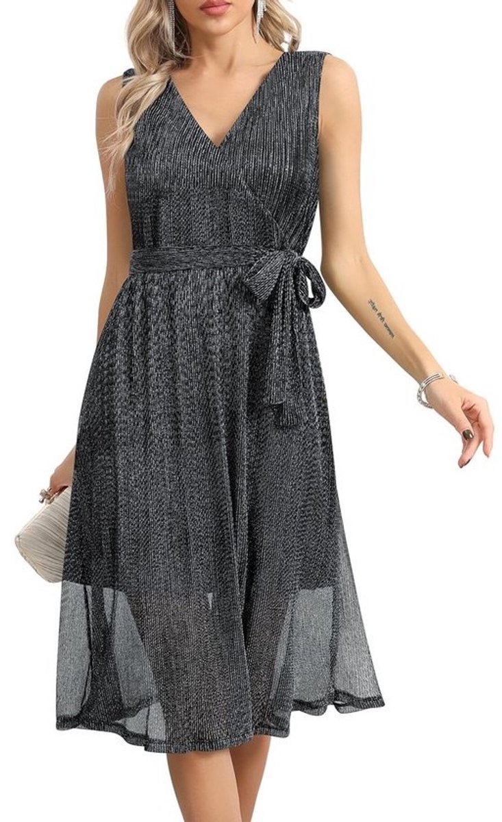 Elegante Glitter Cocktailjurk Dames met V-Hals en Riem - Mouwloze Swing Avondjurk