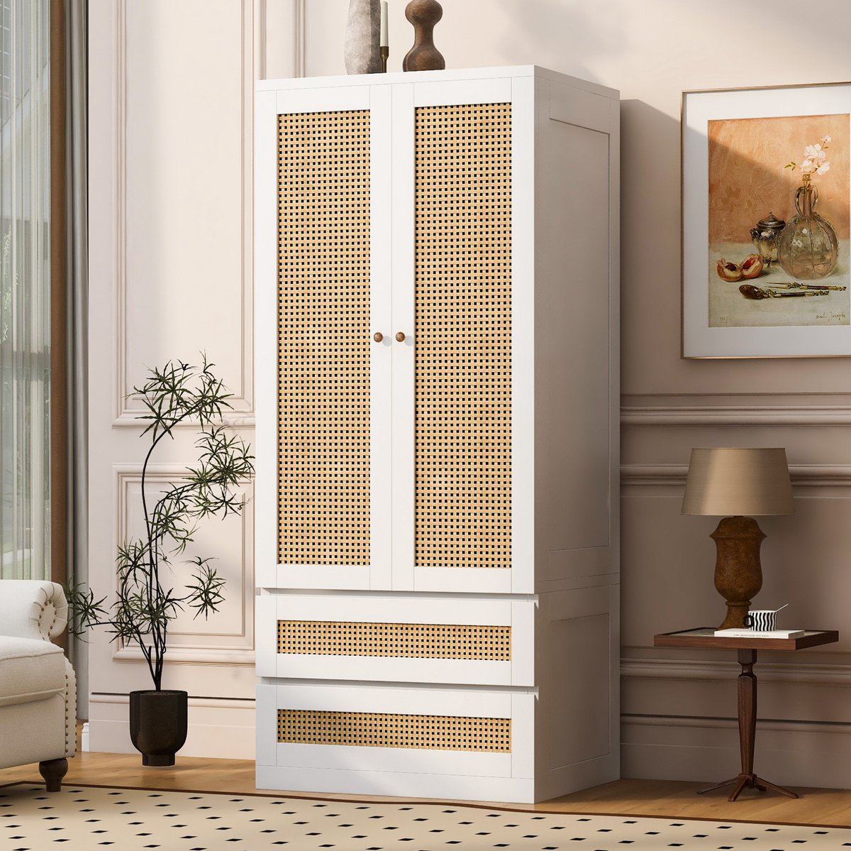 DESMIU Kledingkast - Dubbele Deuren Met 2 Lades En Opbergvak - Voor Slaapkamer Of Kleedruimte - Hout En Metaal - 70x55x170 Cm - Wit