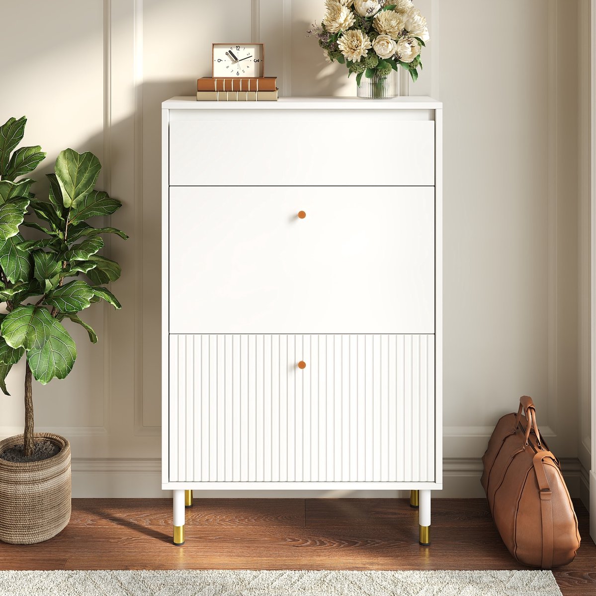 DESMIU Schoenenkast - Smal Ontwerp Met Schublade En Twee Klapvakken - Voor Hal En Smalle Gang - MDF En Spaanplaat - Wit - 65x24x104 Cm