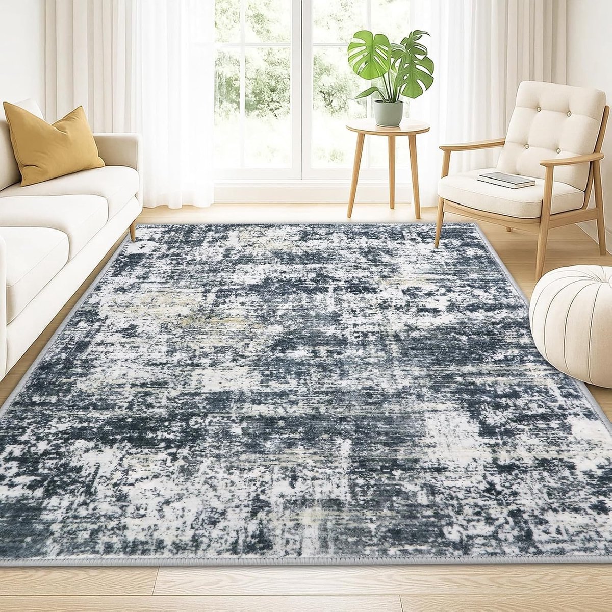 Moderne Abstracte Wasbare Woonkamer Tapijten - Antislip Nep Wol Tapijt Korte Pool voor Slaapkamer en Woonkamer - Grijs Zwart 140 x 200 cm