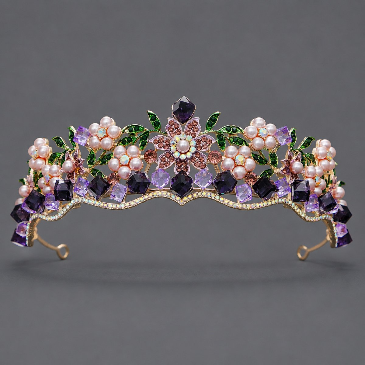Retro Bloemen Tiara, Luxueuze Strass‑Kroon, Haaraccessoire voor Bruiloft, Verjaardag en Gala，Gouden veelzijdige kroon met amethist TS-J3262GP