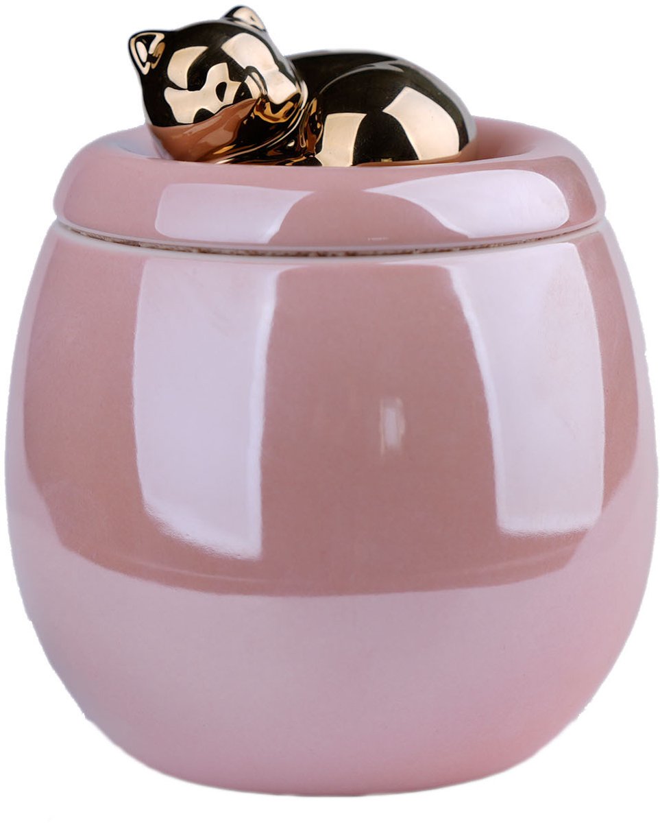 Keramische urn voor huisdier 500ml, roze pot met verguld slapend katje, herdenkingsurn voor kat en kleine hond，Decoratie Urn