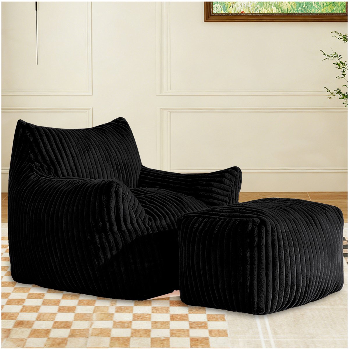 COVREO Zitzak 103x90x70 cm zwart fluweel met ottoman - hoge rugleuning en brede armleuningen