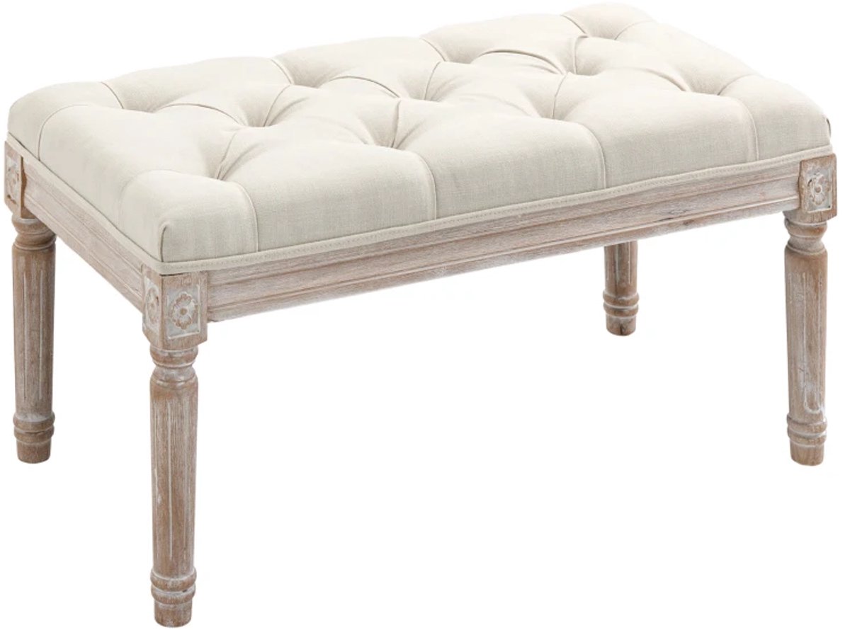 Bankje - Gestoffeerde Kruk En Voetenbank - Houten En Stoffen Bekleding In Linnenlook - 80L x 40B x 43H cm - Crèmewit