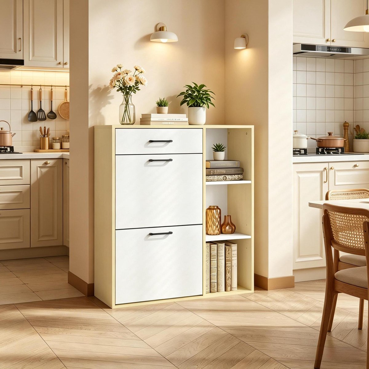 DESMIU Schoenenkast - Smal Staand Ontwerp Met 3-in-1 Opbergruimte - Voor Hal En Entree - MDF Hout Metaal - Wit - 80x90x30 Cm