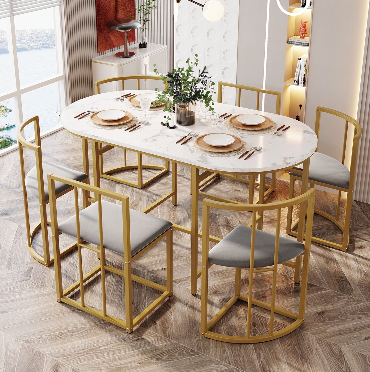 Wishdor Eettafelset 6 stoelen - Modern design - Gouden metalen frame - Wit marmerlook blad - Grijze bekleding - MDF en metaal - 140 x 80 x 76 cm