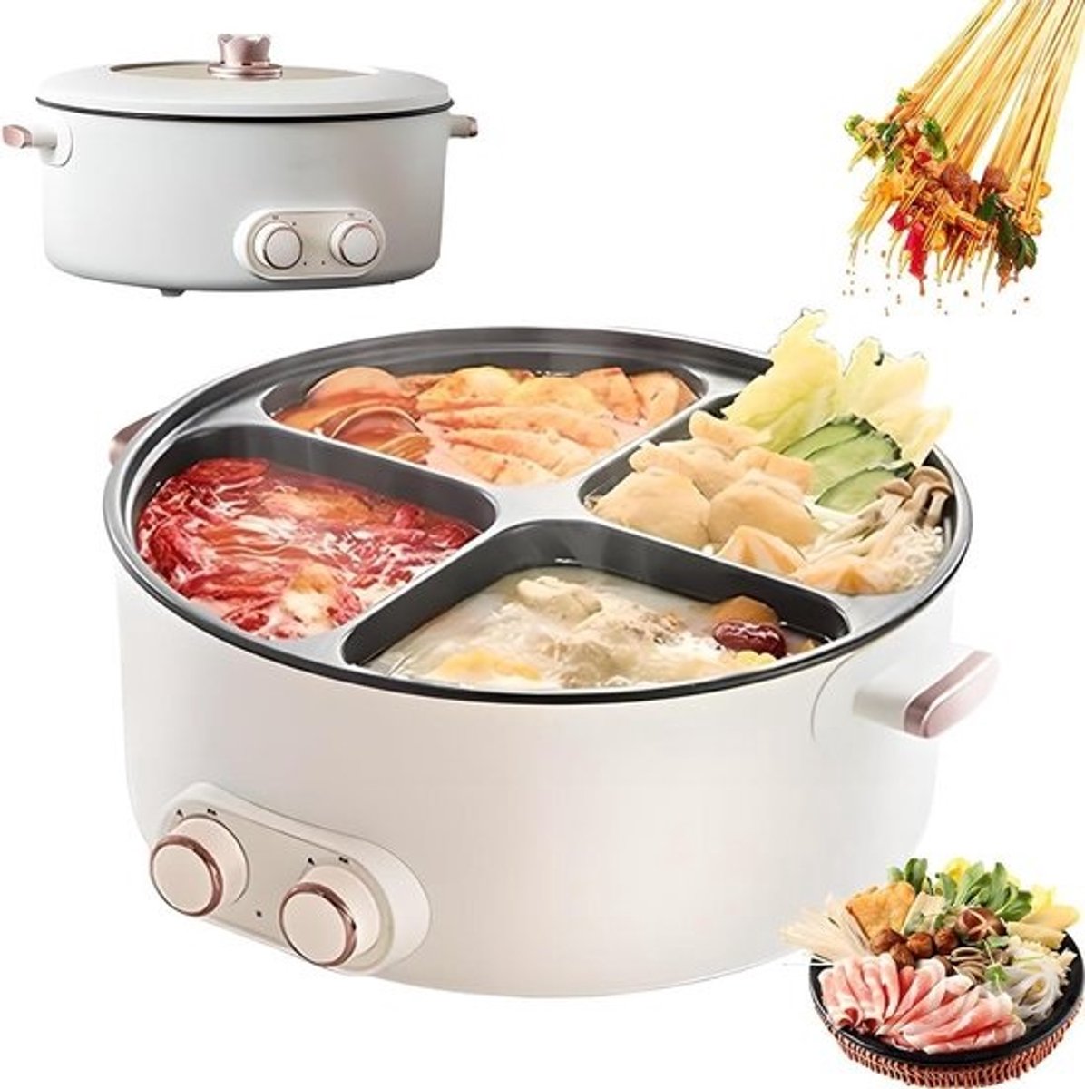 2000W elektrische hete pot, 6L multifunctionele stoofpot met 4 compartimenten, onafhankelijke temperatuurregeling voor thuis en slaapzaal koken