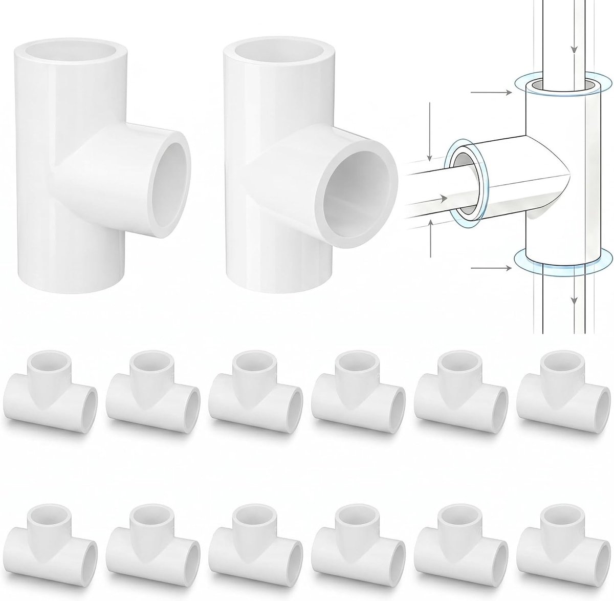 T-stuk Pijpfittingen 12 Stuks, 3-weg PVC Meubelkwaliteit Pijpconnectoren voor DIY Planken en Tuinstructuren (20mm)