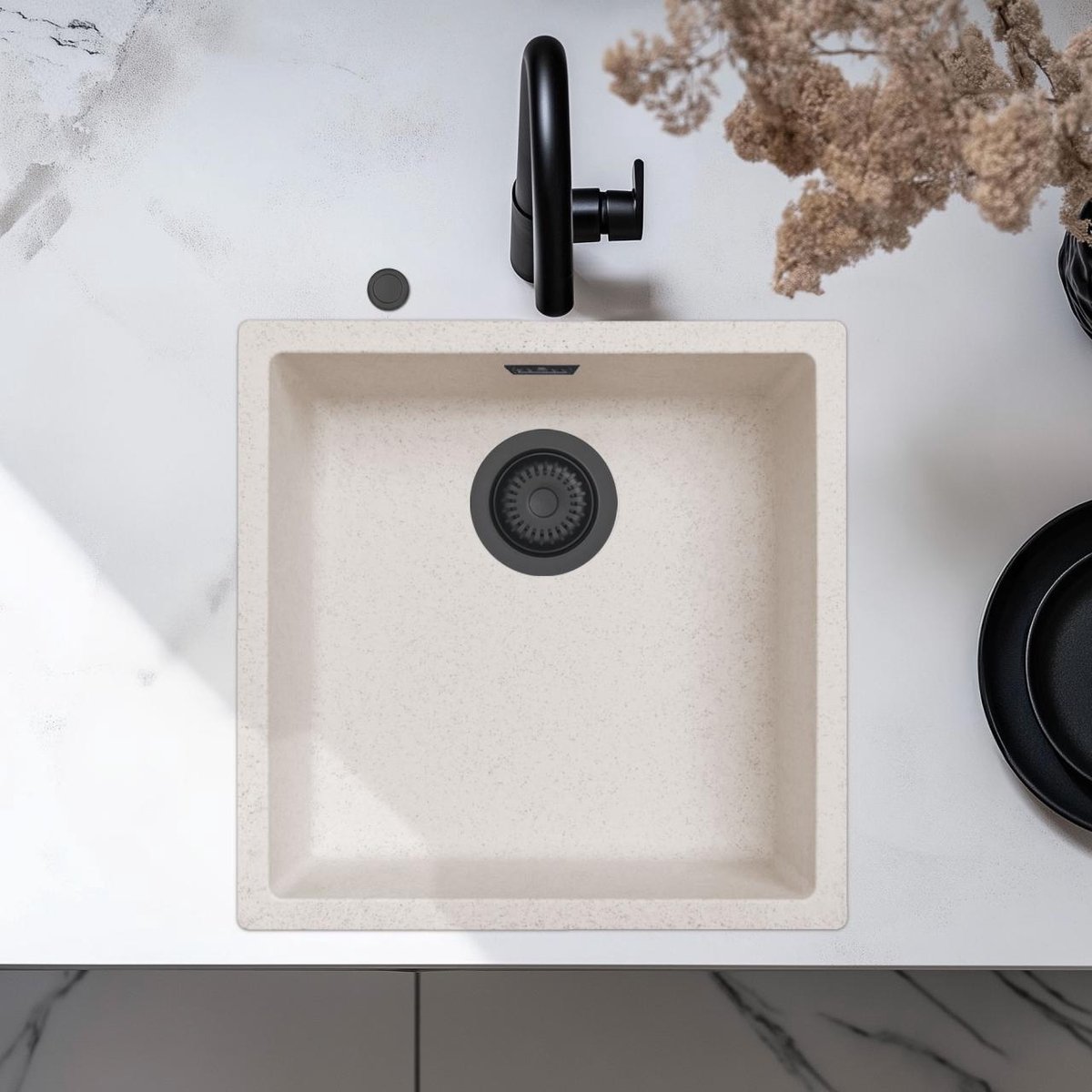Spoelbak 40x40 cm zand wit onderbouw en opbouw Pure.Sink