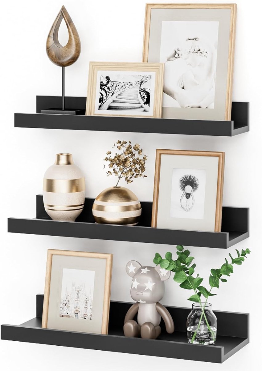 Wandplank 40 cm Zwart Drijvende Plank van MDF Hout - Set van 3 Fotoplanken voor Foto's, Decoraties en Organisatie in Woonkamer, Slaapkamer en Kantoor