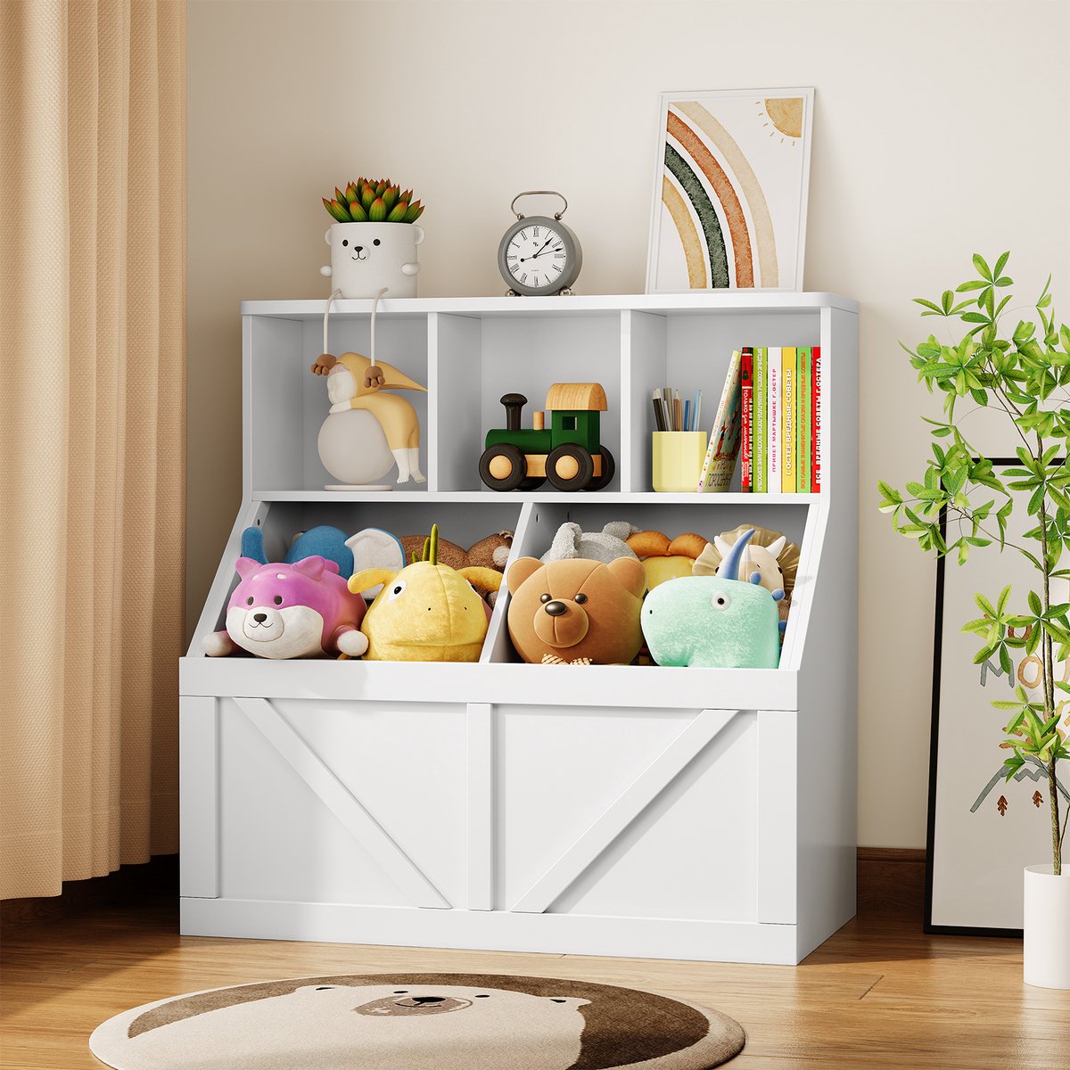Kinderkast met Boekenkast en Speelgoedopberger - Opbergkast voor Kinderkamer - 3 Open Planken & 2 Grote Opbergvakken - Veiligheidsontwerp - wit - 90 x 42 x 92 cm