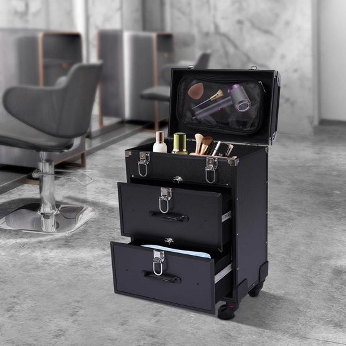 Rollende make-upkoffer met 3 lagen, grote opbergdoos voor cosmetica, nagellak en beautyapparatuur, 36x23x58cm