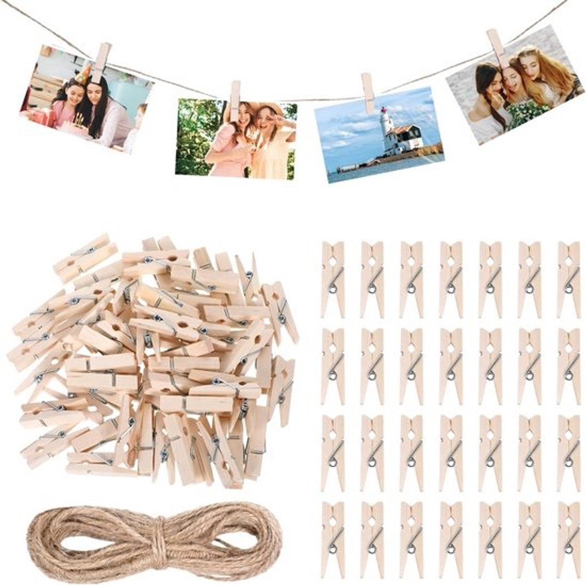 Mini Wasknijpers - Houten Klemmen - Foto's Ophangen - Met Jute Touw - 150 Stuks - Naturel