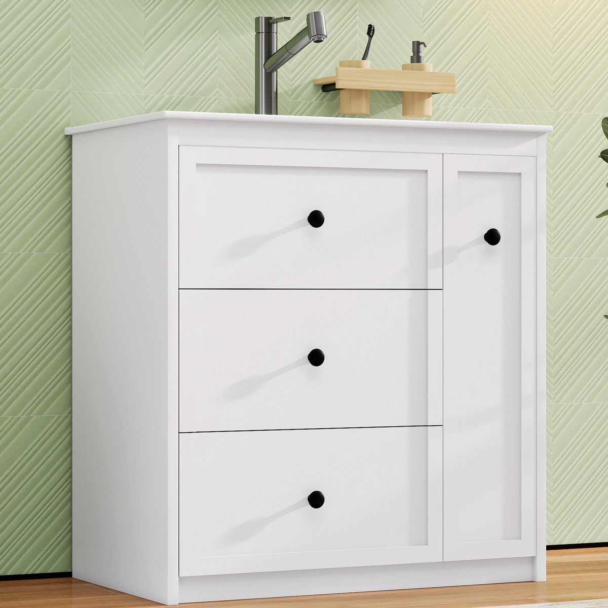 HAUSS SPOLE Badkamerkast - Wastafelmeubel Met Keramische Wastafel En 4 Laden - Staand Voor Badkamer - MDF En Keramiek - 76x46x82 Cm - Wit