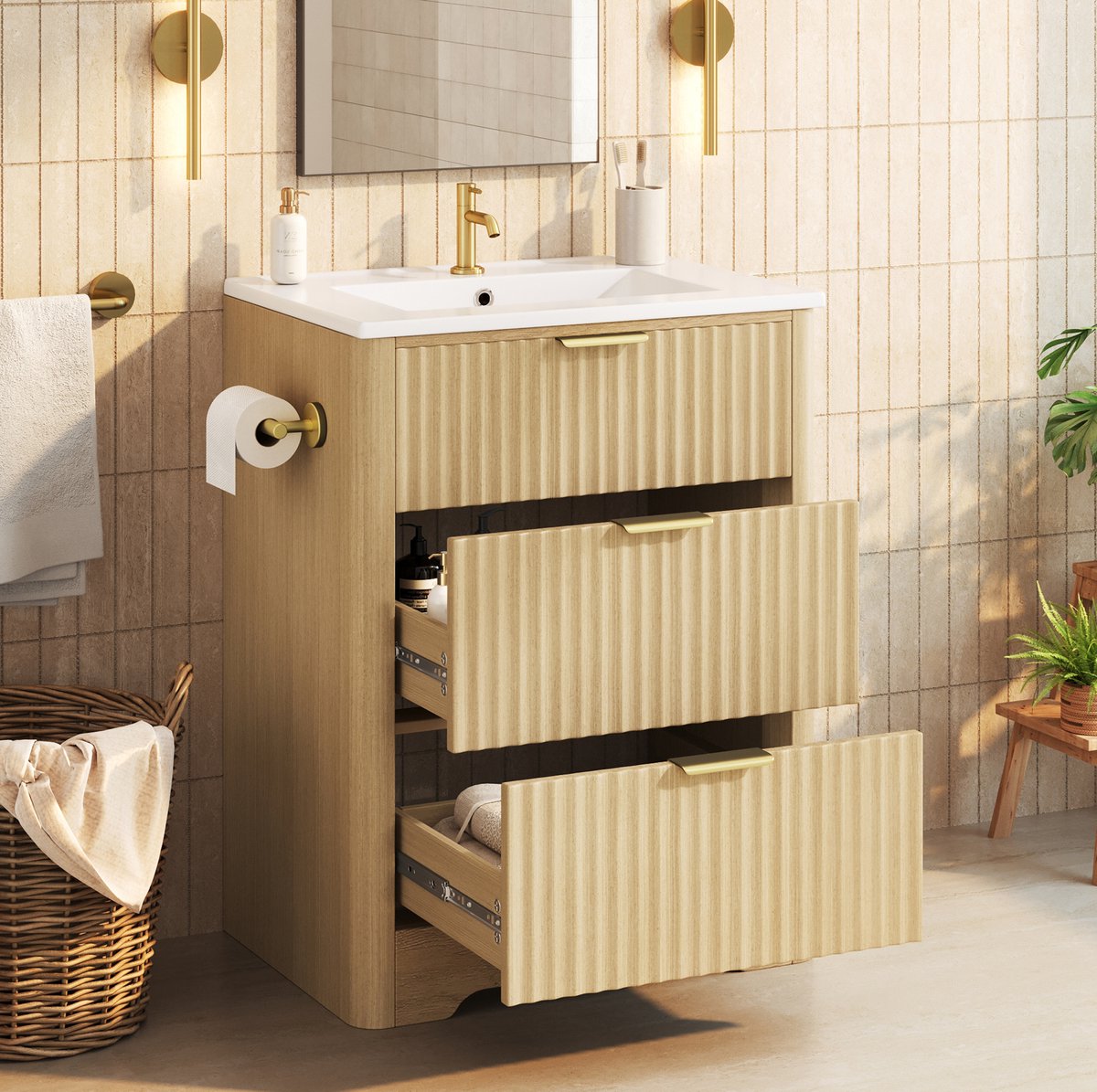 HAUSS SPOLE Wastafelonderkast - Vrijstaand Met Keramische Wastafel En 2 Lades - Voor Badkamer En Gastentoilet - 61x47x82 Cm - Naturel