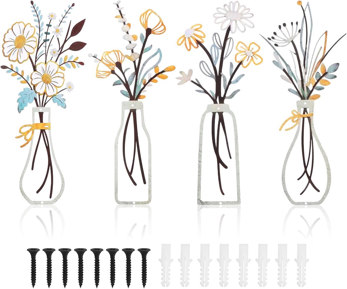 4 Stuks Kleurrijke Metalen Bloemen Wanddecoratie, Minimalistische Muurdecoratie met Bloem en Vaas Ontwerp, Decoratie voor Woonkamer Slaapkamer Keuken Badkamer Balkon Hal Buiten