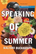 Boekomslag van 'Speaking of Summer' met een portret van een vrouw, bedekt met bloemen en vlinders. De titel is in grote witte letters.