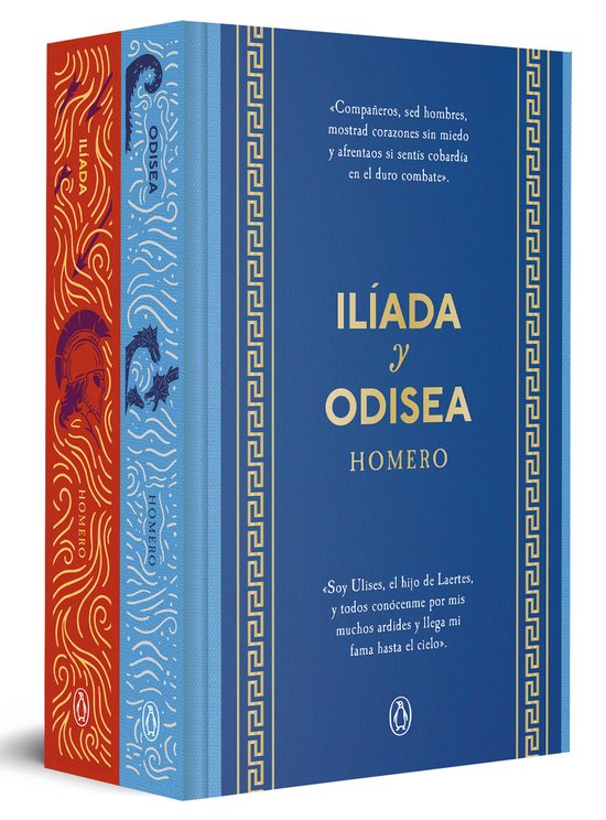 Un ensemble de deux livres, 'L'Odyssée' et 'L'Iliade' par Homère, avec des couvertures bleues et rouges ornées de décorations et de textes dorés.