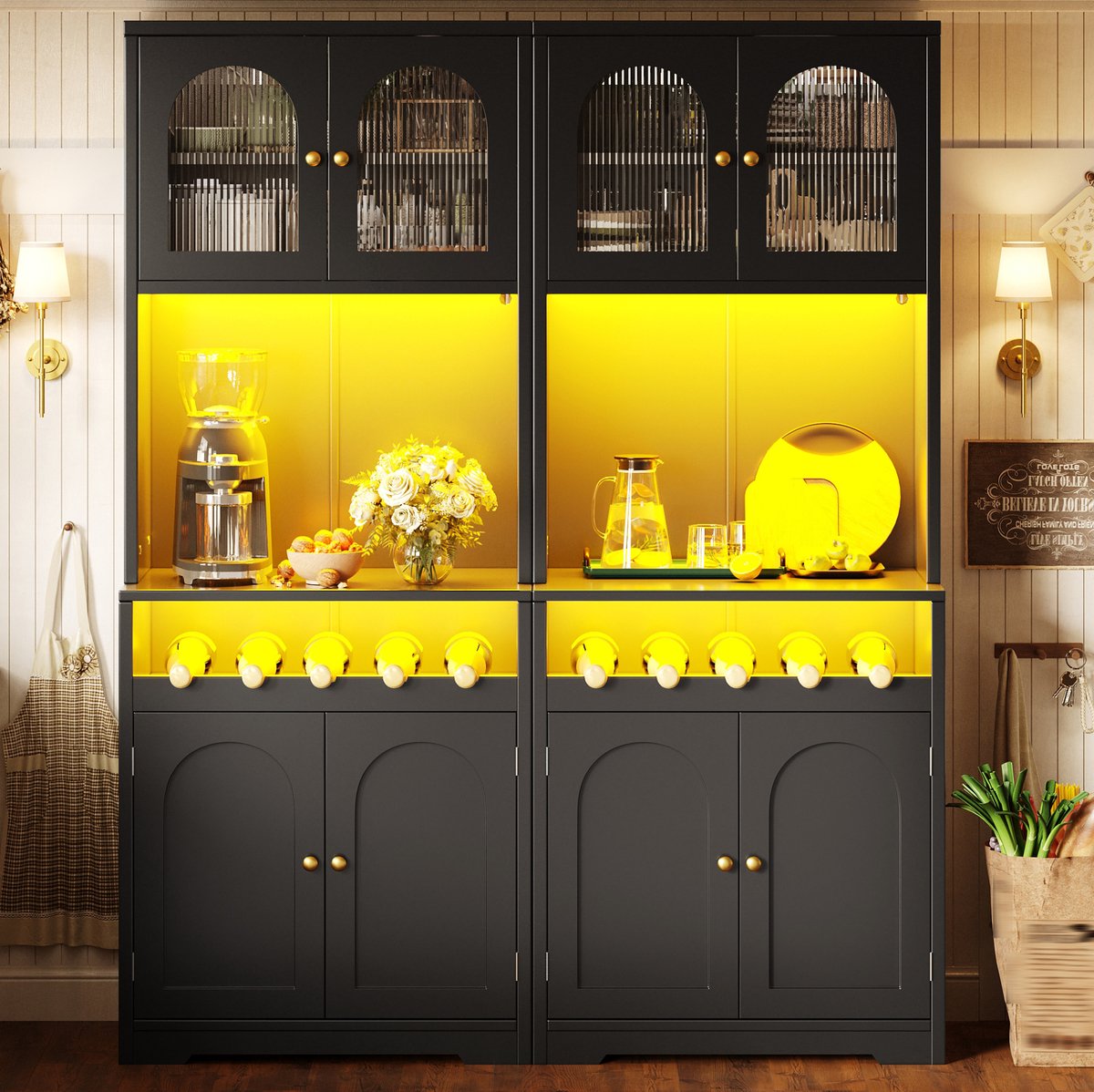 OKWISH Keukenkast – 2 Delige Set Hoge Buffetkasten – 140 x 38,3 x 180 cm – Glazen Deuren en RGB Led – Wijnrek – MDF Zwart