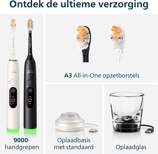 Philips Sonicare 9000 handvatten, opzetborstels, opladen glas en standaard.