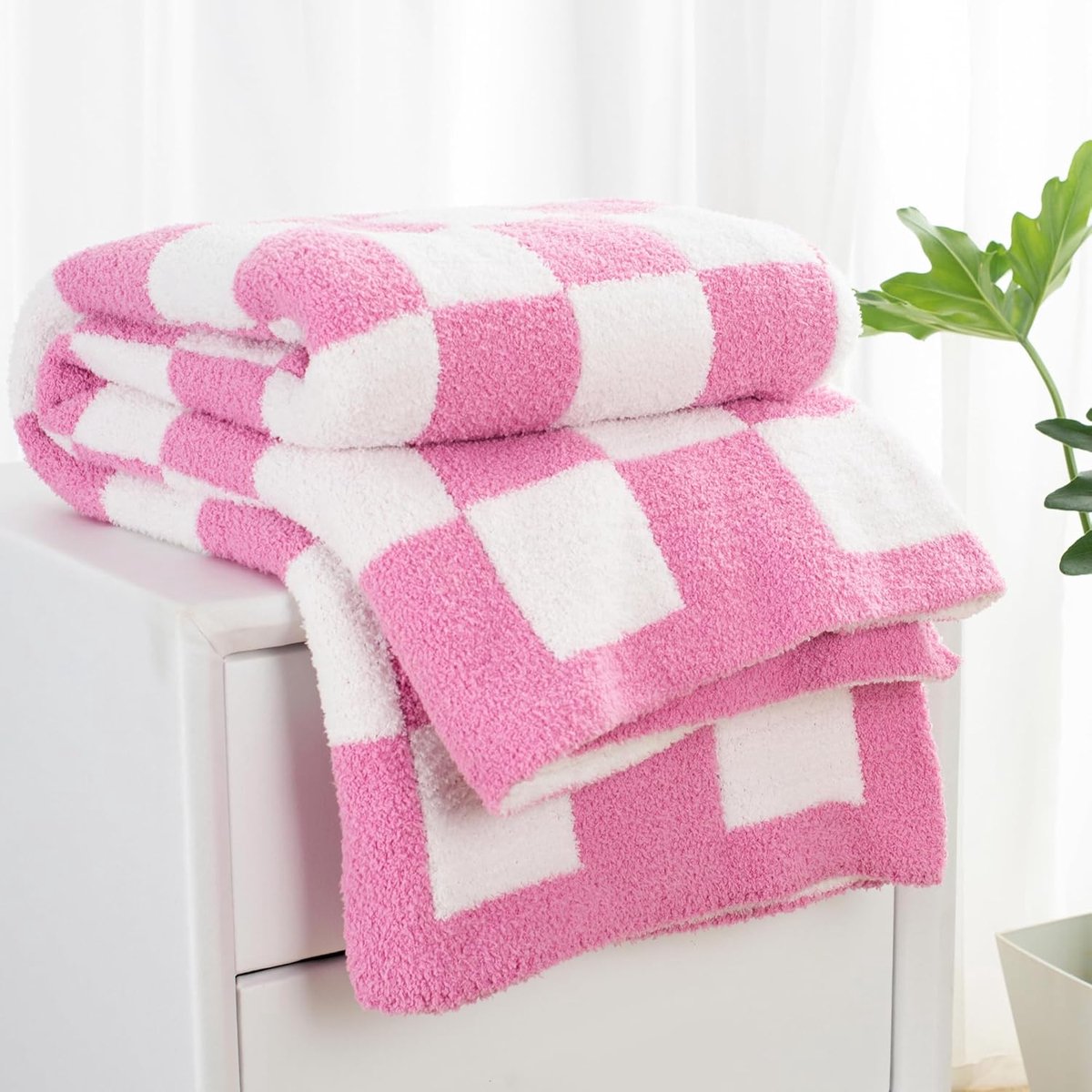 Geruite plaid super zachte luxe microvezel pluizige dambord rooster geruite gebreide dekens omkeerbare gezellige plaids voor bank bed sofa, 152 x 203 cm Hot Pink en White Check