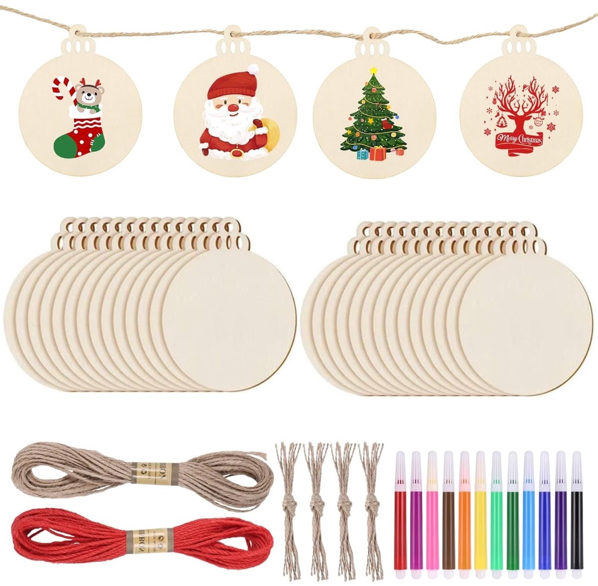 Dailygoods - Zocipro 40 stuks houten kerstballen om te knutselen, ronde houten plakjes, doe-het-zelf kersthanger, ornamenten, decoratie met 12 gekleurde pennen en 20 m touw, voor kerstboomdecoratie