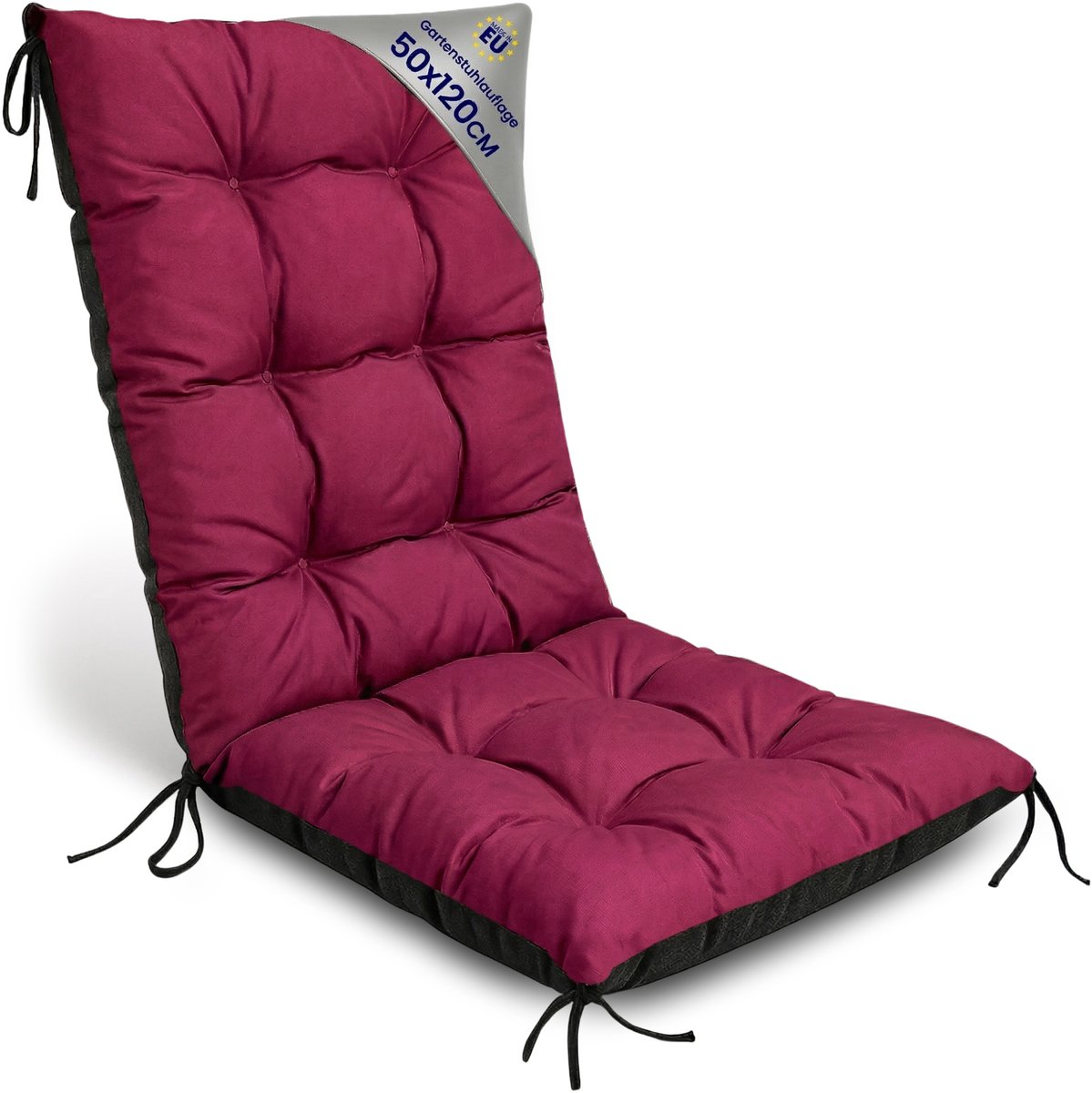 Tuinstoelkussens Hoge Rug 50x120 cm - Kussens voor Tuinstoelen & Standenstoel Terrasstoel Bordeaux Stoelkussens Tuin Zitkussen Extra Dik 10 cm met Bindlinten