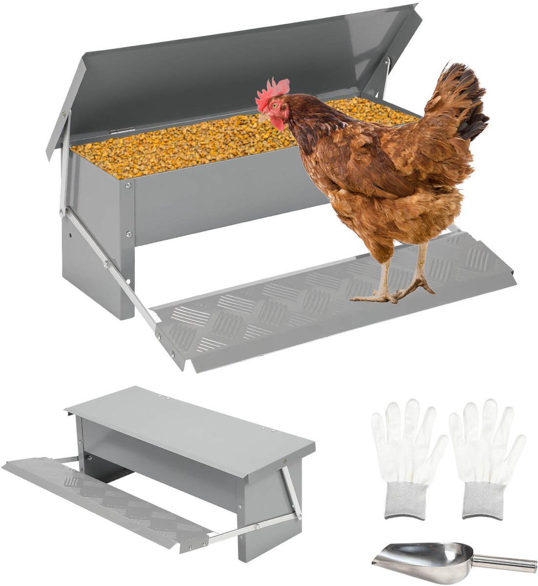 Automatische kippenvoerbak 5 kg met pedaal, gegalvaniseerd staal, inclusief handschoenen en schep