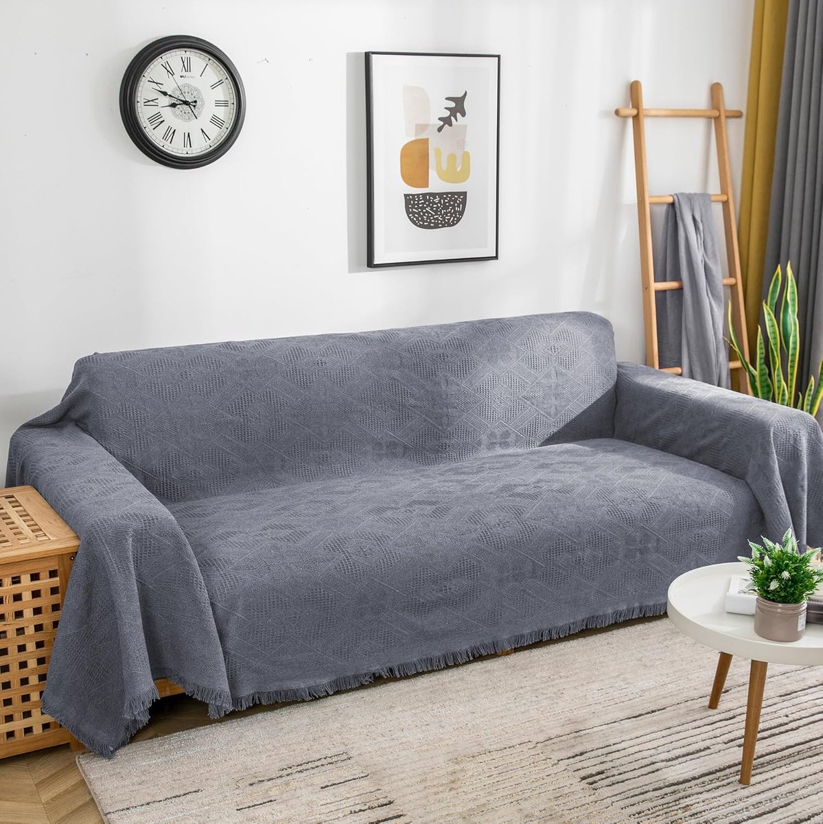 Grote grijze bank gooien deken met kwastjes voor 2 3-zits, 100% handgeweven katoenen gebreide fauteuil gooien voor bank, bank en bed... (180 × 340 cm (71 × 134In))