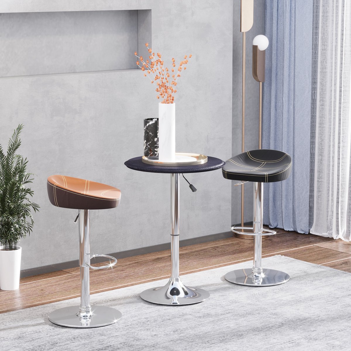 MEUNIQ Bartafel rond 63 cm hoogteverstelbaar 67-93 cm 360° draaibaar met chromen voet en zwart blad voor keuken, bar of eetruimte