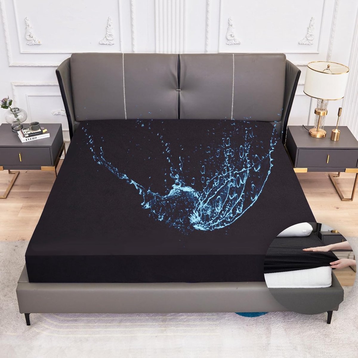 Matrasbeschermer 160x200, hoeslaken, stijl matrasbeschermer, waterdichte matrasbeschermer, waterdichte en ademende matrashoes, vochtbescherming, wasbaar laken (zwart)