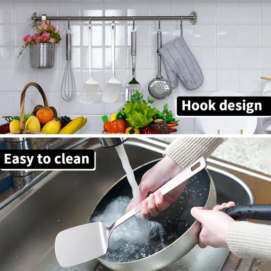 keukengerei, 4-delig, sleufdraaier, solide spatel, schuimspaan en pollepel, roestbestendig, lange steel, ophanglus, vaatwasmachinebestendig, dagelijks koken en serveren — afbeelding 3