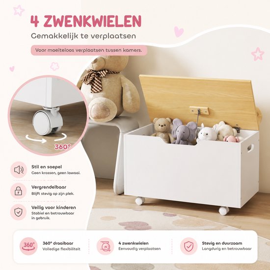 Witte opbergkist op zwenkwielen, met open deksel en speelgoed erin.