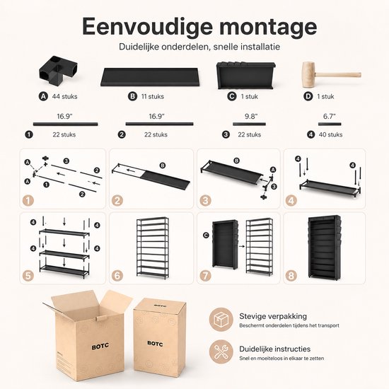 Instructies voor het monteren van een zwart schoenenrek met 10 lagen.