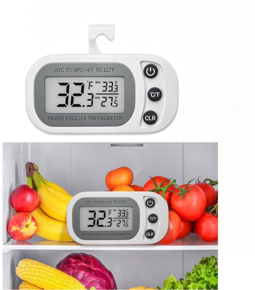 Set van 1 digitale thermometers voor koelkast en vriezer – Digitale, waterdichte koelkastthermometer - LCD-scherm – Max./min.-registratie – Bevestiging met haak of magneet - Meetbereik (°C/°F) -50 tot 70 - Meetnauwkeurigheid (°C) 0,1