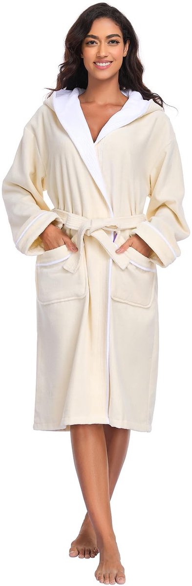 Dames Badjas - 100% Katoen, Velours, Met Capuchon - Beige - M