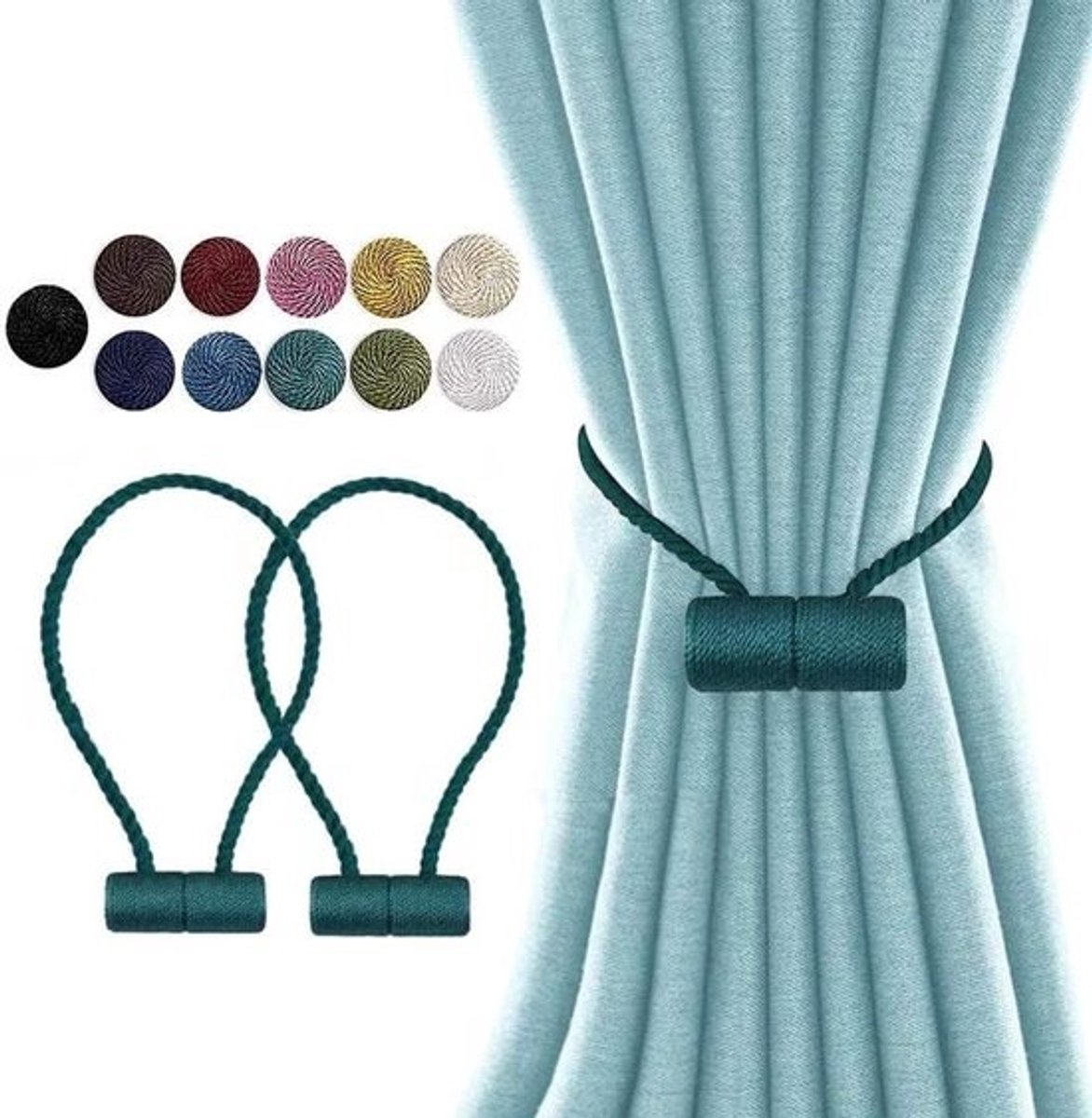 Magnetische Gordijnbinders - Gordijn Holdbacks - Gordijnen Strikken - Geen Boren Nodig - 406 cm - Blauwgroen