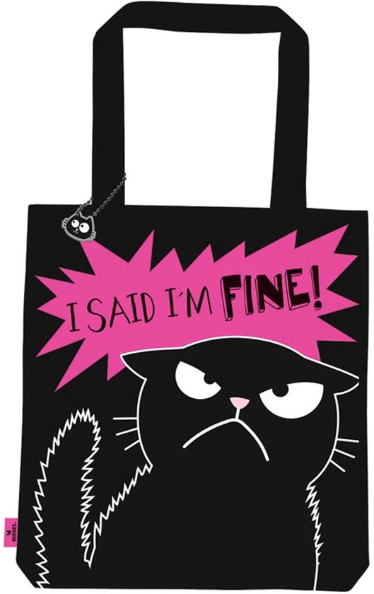 Zwarte tas met boze kat en roze tekstballon met "I SAID I'M FINE!"