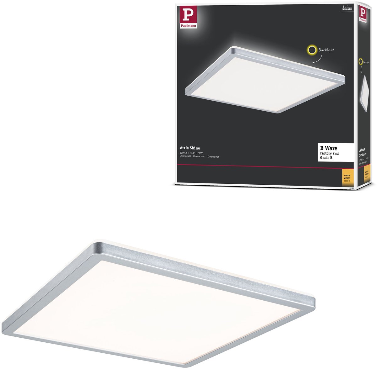 LED-paneel B-waar Atria Shine Backlight hoekig 293x293 mm 16W 1600lm 3000K Chroom mat