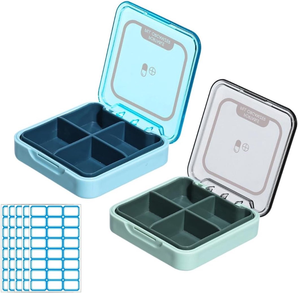 Tablet Doosje met 4 Compartimenten, Mini Pillendoos voor Reizen, Geschikt voor Medicijnen en Vitaminen, Inclusief Zelfklevende Labels