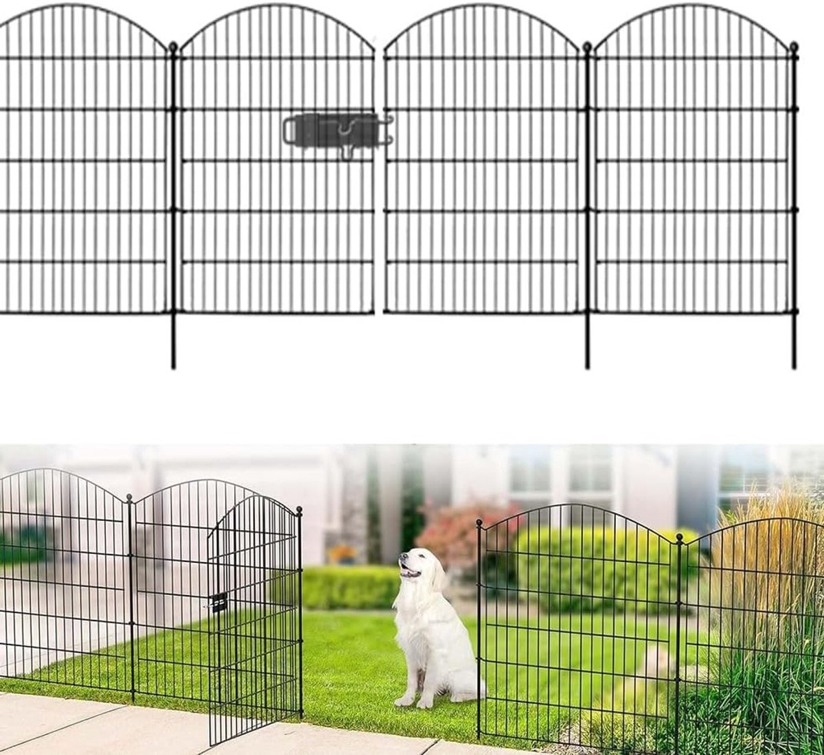 Set van 5 Stuks Buiten Tuinhek met Poort, 80cm Hoog, 3.7m Lang, Roestvrij Metaal Tuinhek met Pinnen voor Tuin, Terras en Bloembedden