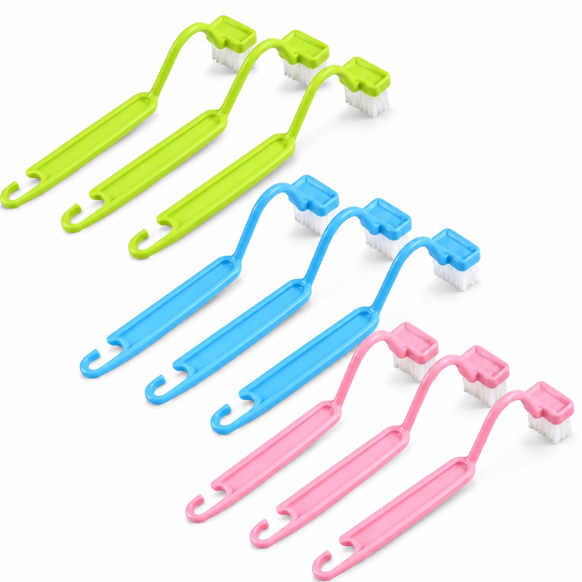 Kaiyaya - 9 stuks gebogen toiletborstels - groen, blauw en roze - met ophanghaak - voor wc-randen, spleten en badkamer