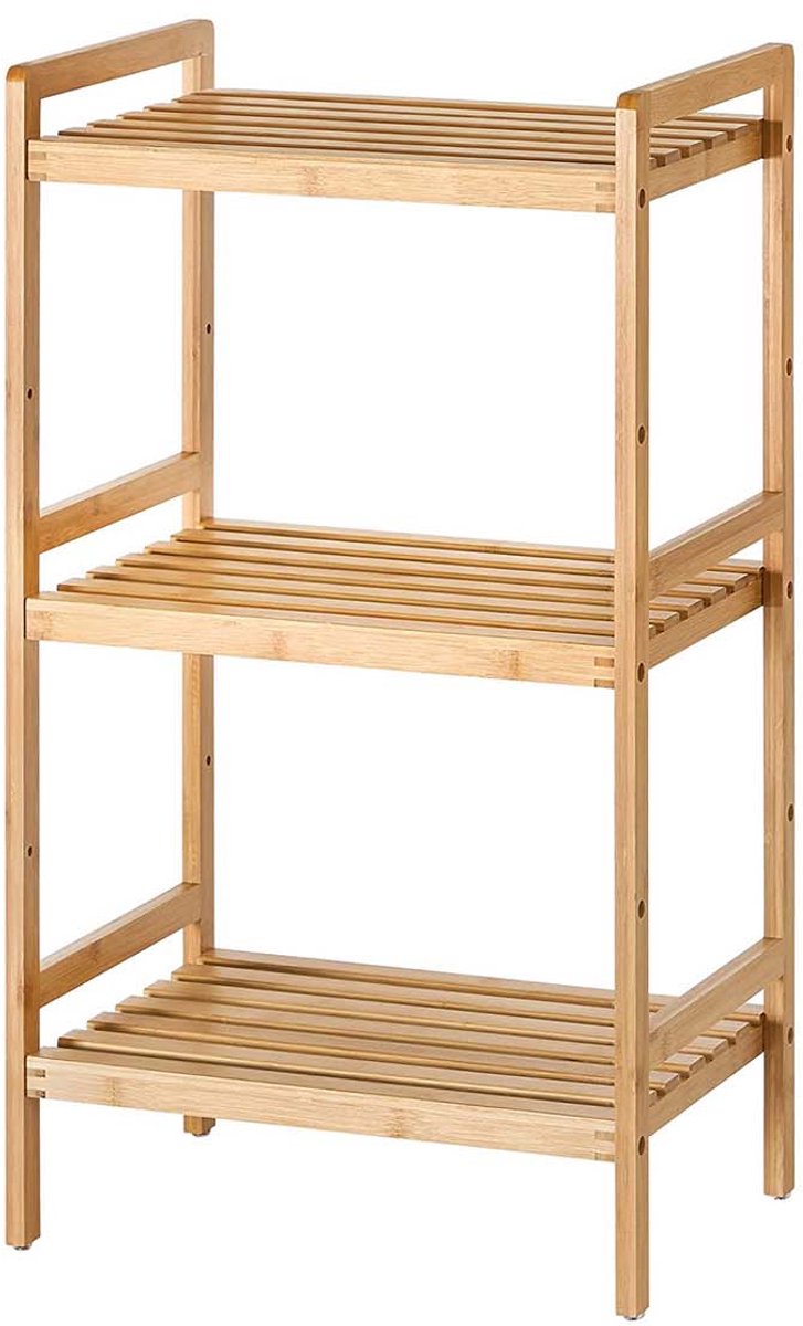 Opbergrek Badkamerrek Keukenrek 45 x 31,5 x 80 cm Houtkleur 3 verstelbare planken Max. draagvermogen per plank 15 kg Stevig en duurzaam Ruimtebesparend Eenvoudig te monteren Geschikt voor badkamer keuken en slaapkamer