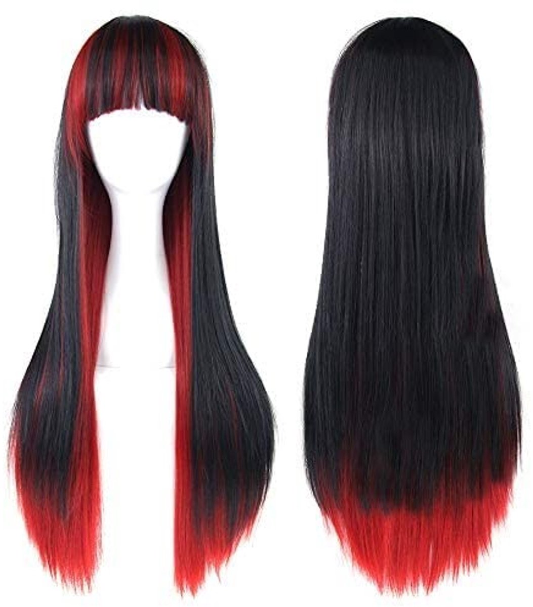 Lange Krullende Cosplay Peruk - Kleur: Zwart Rood